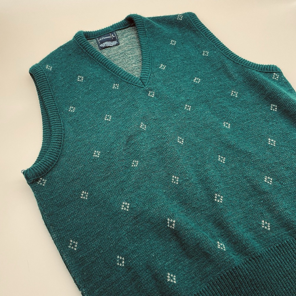 Vintage 1980s JC Penny Towncraft‎ Green Patterned V Neck Sweater Vest Size L